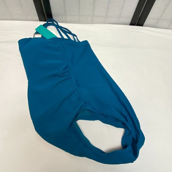 Aqua Green Double Strap High Asymmetrical Neck One Piece Swimsuit Teal NWT - Picture 9 of 12